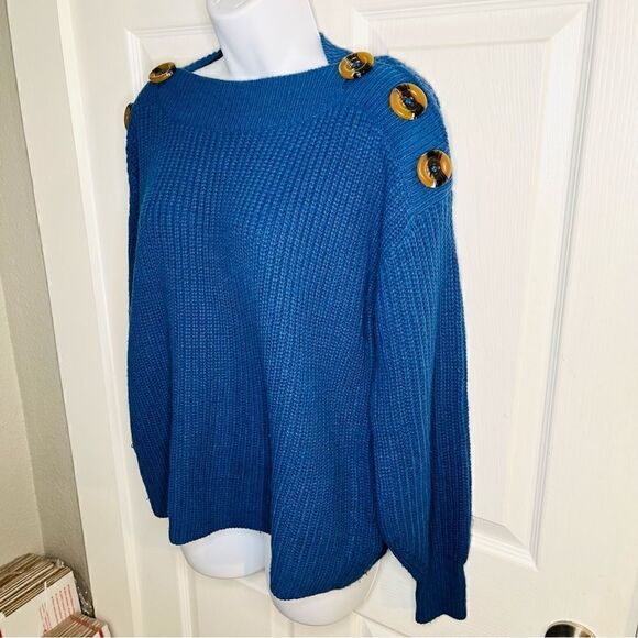 Philosophy Button Shoulder Dolman Boatneck Sweater Balloon Sleeve Blue S - Picture 4 of 11